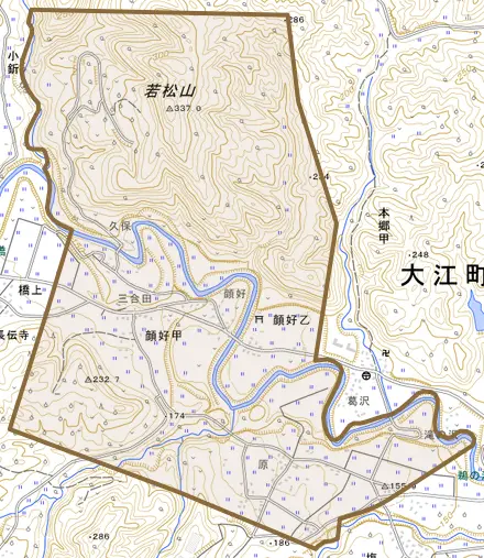 大字顔好甲とその周辺の地図。町の範囲を重ねている