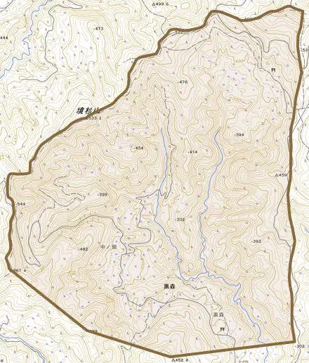 大字黒森とその周辺の地図。町の範囲を重ねている