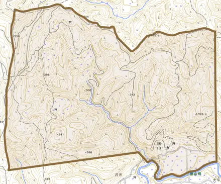 大字楢山とその周辺の地図。町の範囲を重ねている