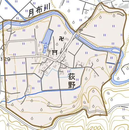 大字荻野とその周辺の地図。町の範囲を重ねている
