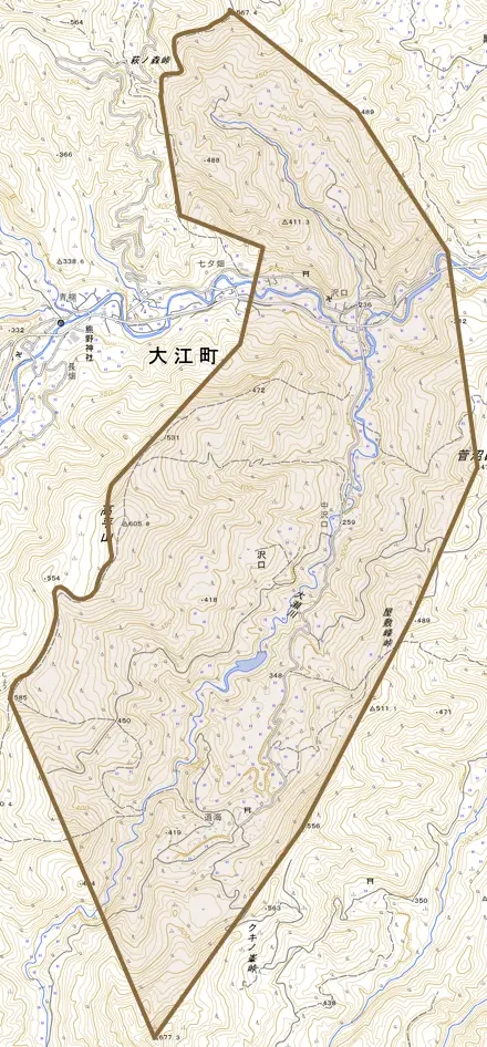 大字沢口とその周辺の地図。町の範囲を重ねている