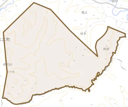 大字所部とその周辺の地図。町の範囲を重ねている