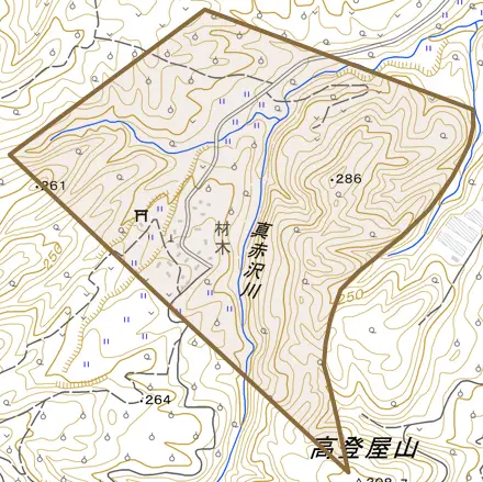大字材木とその周辺の地図。町の範囲を重ねている