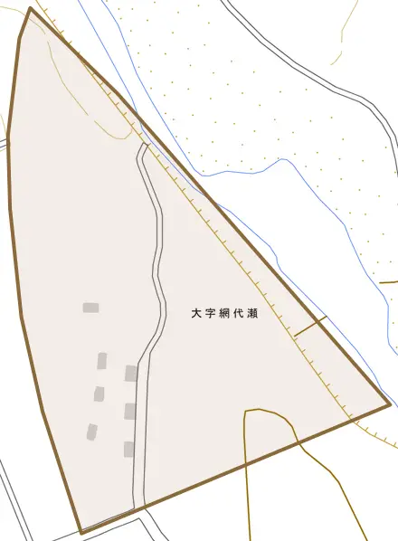 大字網代瀬とその周辺の地図。町の範囲を重ねている