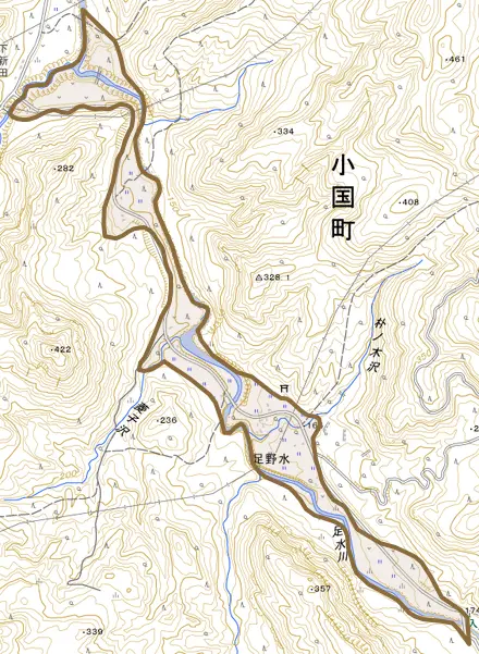 大字足野水とその周辺の地図。町の範囲を重ねている