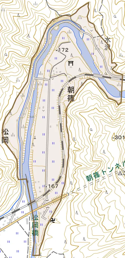 大字朝篠とその周辺の地図。町の範囲を重ねている