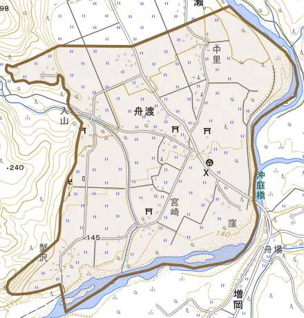 大字舟渡とその周辺の地図。町の範囲を重ねている