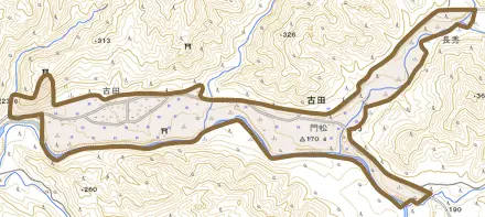 大字古田とその周辺の地図。町の範囲を重ねている