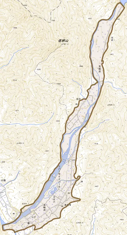 大字五味沢とその周辺の地図。町の範囲を重ねている