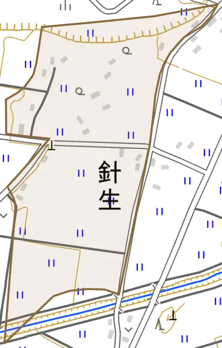 大字針生とその周辺の地図。町の範囲を重ねている