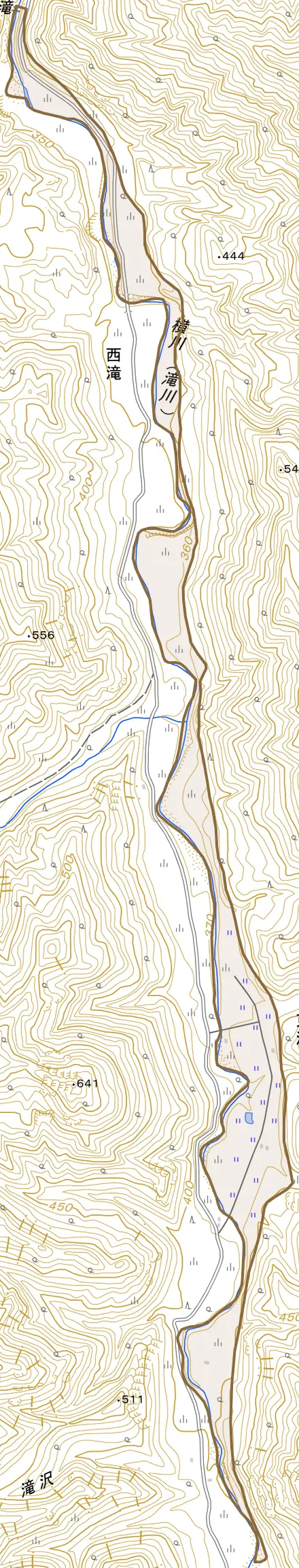 大字東滝とその周辺の地図。町の範囲を重ねている