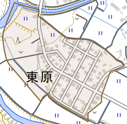 大字東原とその周辺の地図。町の範囲を重ねている