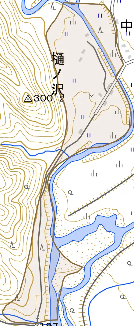 大字樋ノ沢とその周辺の地図。町の範囲を重ねている