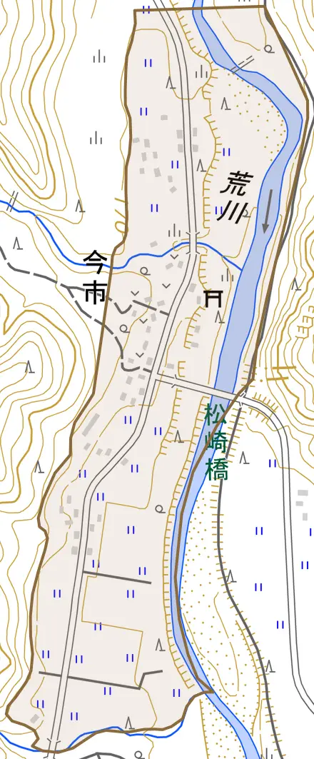 大字今市とその周辺の地図。町の範囲を重ねている
