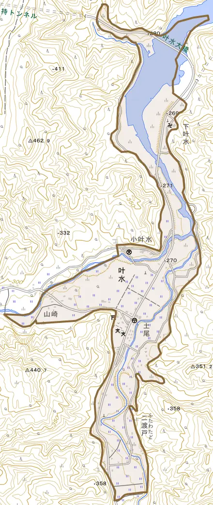 大字叶水とその周辺の地図。町の範囲を重ねている