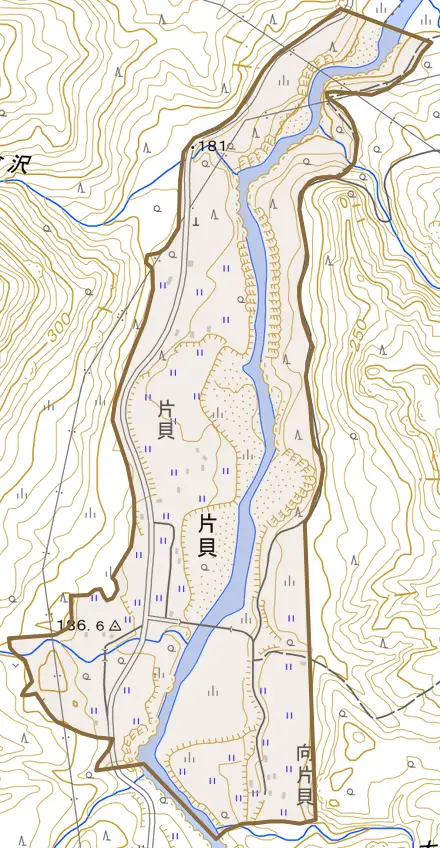 大字片貝とその周辺の地図。町の範囲を重ねている