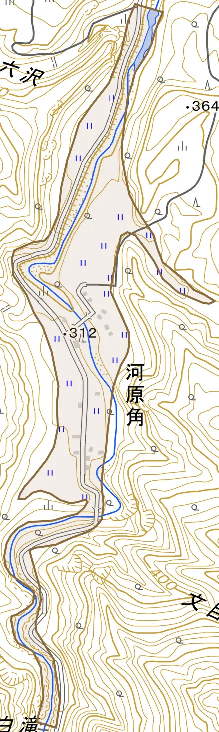 大字河原角とその周辺の地図。町の範囲を重ねている