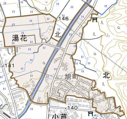 大字北とその周辺の地図。町の範囲を重ねている
