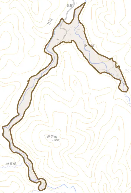 大字小玉川とその周辺の地図。町の範囲を重ねている