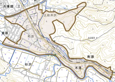 大字町原とその周辺の地図。町の範囲を重ねている