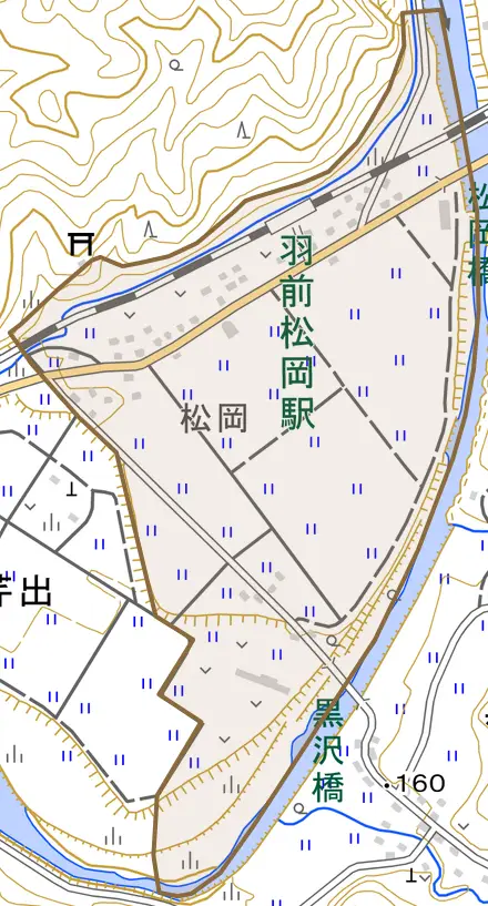 大字松岡とその周辺の地図。町の範囲を重ねている