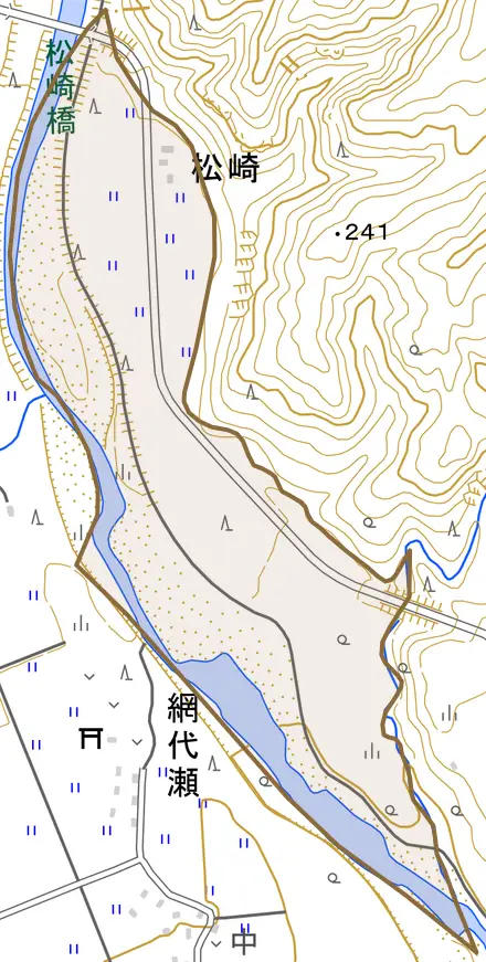 大字松崎とその周辺の地図。町の範囲を重ねている