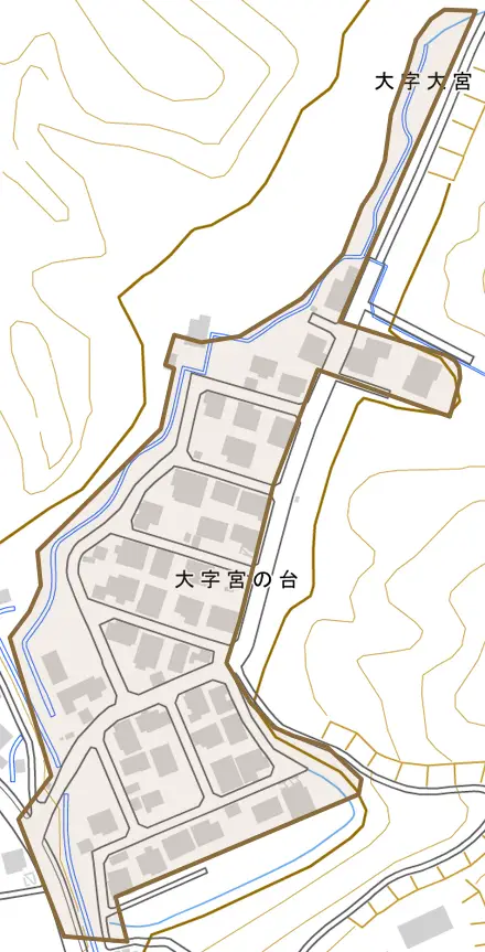 大字宮の台とその周辺の地図。町の範囲を重ねている