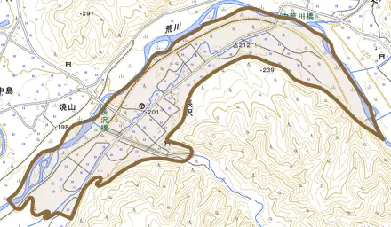 大字長沢とその周辺の地図。町の範囲を重ねている