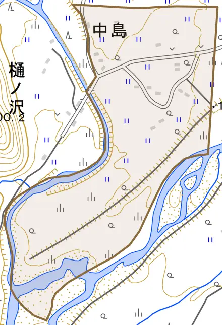 大字中島とその周辺の地図。町の範囲を重ねている