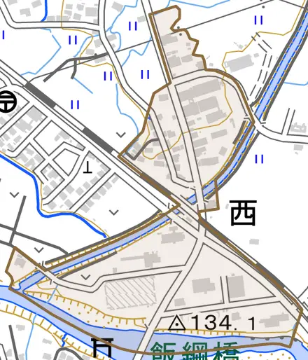 大字西とその周辺の地図。町の範囲を重ねている