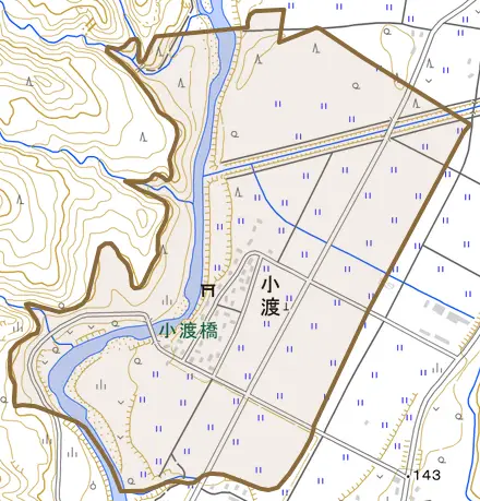 大字小渡とその周辺の地図。町の範囲を重ねている