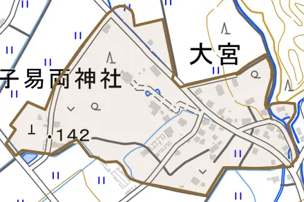 大字大宮とその周辺の地図。町の範囲を重ねている