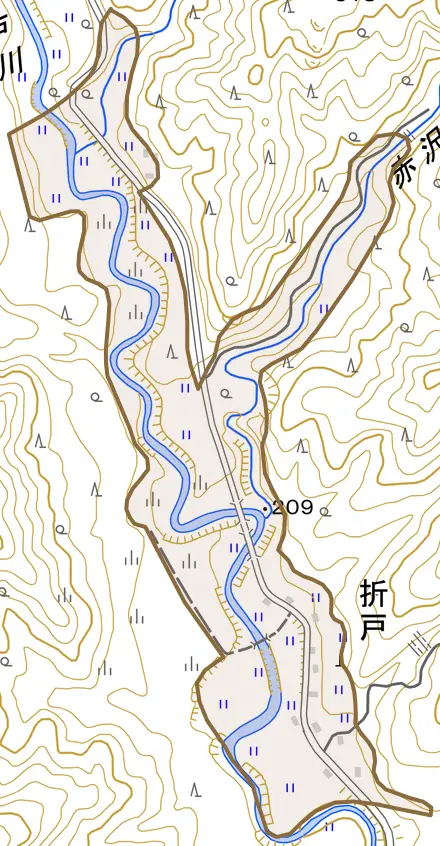 大字折戸とその周辺の地図。町の範囲を重ねている
