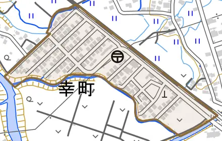 大字幸町とその周辺の地図。町の範囲を重ねている