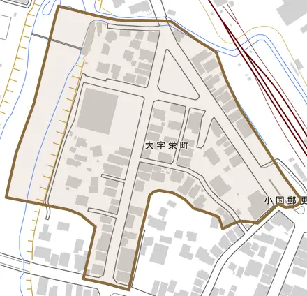 大字栄町とその周辺の地図。町の範囲を重ねている
