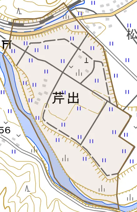 大字芹出とその周辺の地図。町の範囲を重ねている