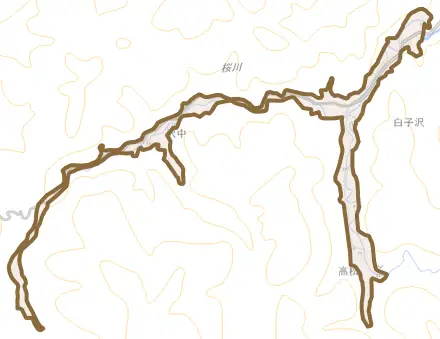 大字白子沢とその周辺の地図。町の範囲を重ねている