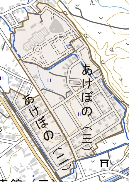 大字あけぼのとその周辺の地図。町の範囲を重ねている