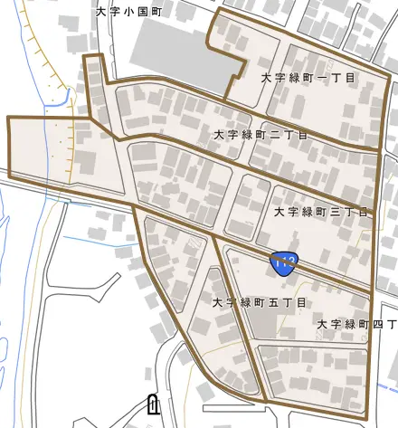 大字緑町とその周辺の地図。町の範囲を重ねている