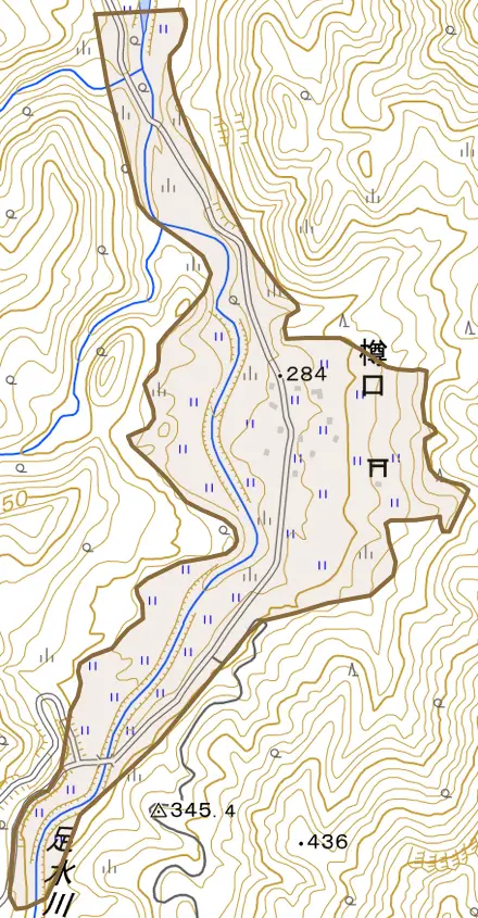 大字樽口とその周辺の地図。町の範囲を重ねている