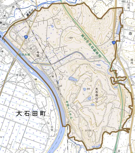 大字今宿とその周辺の地図。町の範囲を重ねている