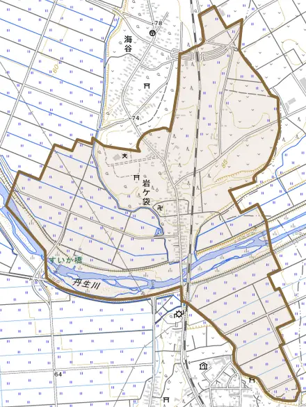 大字岩ケ袋とその周辺の地図。町の範囲を重ねている