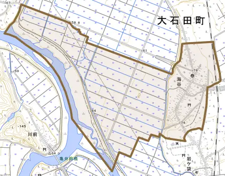 大字海谷とその周辺の地図。町の範囲を重ねている