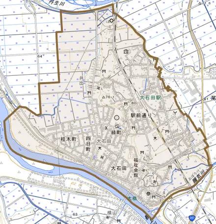 桂木町とその周辺の地図。町の範囲を重ねている