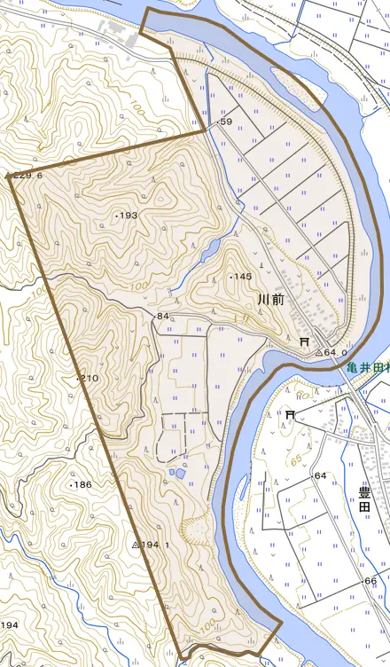 大字川前とその周辺の地図。町の範囲を重ねている