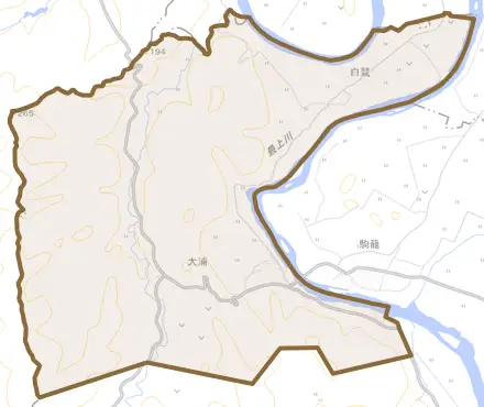 大字大浦とその周辺の地図。町の範囲を重ねている