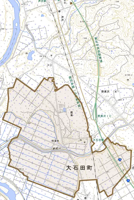 大字鷹巣とその周辺の地図。町の範囲を重ねている