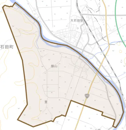 大字横山とその周辺の地図。町の範囲を重ねている