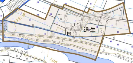 字道生とその周辺の地図。町の範囲を重ねている