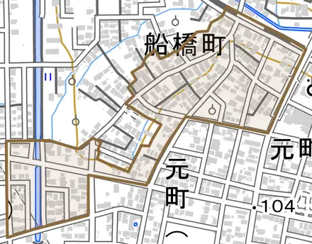船橋町とその周辺の地図。町の範囲を重ねている